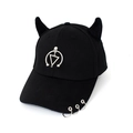 Detail of black baseball cap with small devil horns and silver metal ring charms - Triangle Black
