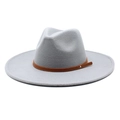 Detail of wide brim light grey felt fedora with brown leather strap and metal studs - M (56-58cm) / Light Gray