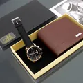 Men's business gift set featuring a leather strap watch and wallet in a premium box - Rose Gold Black Strap Watch + Wallet + Box