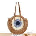 Runde Schultertasche aus Papierseil mit blauem Evil Eye-Muster und braunen Lederriemen - Böser Blick Muster / Groß Gestreift Braun