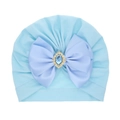 Light blue infant turban hat with a large satin bow and central blue gemstone - Blue