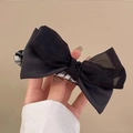 Elegante pinza para el pelo con lazo doble de malla negra y detalle de cuadros chic - Clip de pico de pato negro