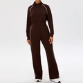 Dark brown slim-fit yoga set with white contrast trim and wide-leg trousers - S / Dark Coffee (Sport Jacket + Straight Pants)