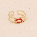 Bague ajustable double couche dorée avec lèvres en émail rouge et texture perlée - Lèvres Rouges (1#)