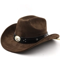 Detail of western cowboy hat with suede texture and metallic bull head buckle decoration - M (56-58cm) / Coffee
