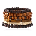 Set of 6 handmade multilayered elastic wood bead bracelets in vintage brown tones - Multicolor Wood Bracelet Set (04)