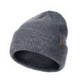 Close-up of dark grey knitted winter hat showing detailed warm fabric texture and cuff - Gray