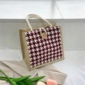 Mini-Leinen-Jute-Tragetasche mit rotem Hahnentrittmuster und Holzknopfverschluss - Houndstooth / Rot