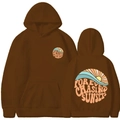 Dark brown hoodie featuring retro sunset graphic print and forever chasing sunsets text - Coffee