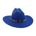 Fashionable bright blue wide brim wool fedora hat with brown leather band and metal badge - Royal Blue
