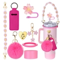 Close-up of pink flower charm strap and straw cover accessories set for tumblers - 8-Piece Set 5-Rose Pink Sakura