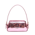 Metallic pink mirror finish baguette shoulder bag with adjustable strap and flap closure - Pink