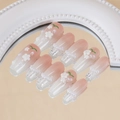 Pink gradient press-on nails with white flowers, pearls, and sequins in a square shape - By1609 / Phototherapy Glue Style