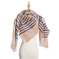 Plaid scarf in camel, beige and blue tones with fringe edge on mannequin - Ginger Yellow
