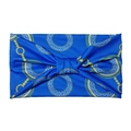 Blue bohemian elastic headband with golden chain pattern and decorative central knot - Blue Greek Key Chain Bow (10779)