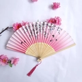 Pink gradient bamboo folding fan with cherry blossoms, butterflies and tassel - Pink Gradient Cherry Blossom & Butterfly Style (Women's Fan-84)