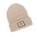 Close-up of ribbed knit beanie featuring a vintage wild life patch with bear and mountain - One Size / Off White