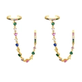 Gold chain earrings with colorful round-cut gemstones and integrated ear cuff design - Gold with Multicolor Gemstone Ear Cuff Chain Earring
