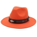 Close-up of orange wool felt fedora featuring a vintage brown leather band with metal studs - Orange