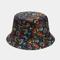 Black reversible bucket hat featuring colorful graffiti street art prints for sun protection - M (56-58cm) / 18# Black Colorful Street Graffiti