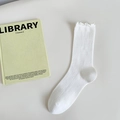 White modal cotton crew socks with ribbed texture and ruffled cuffs for women - Milk White