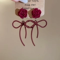 Detail of red velvet rose and burgundy metallic bow pendant on these vintage earrings - Flocking Rose Bowknot Style