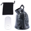 Black angel wing motorcycle guardian bell with cross relief, velvet pouch and silver tag - Black Set with Tag