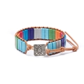 Bohemian leather wrap bracelet featuring colorful jasper beads and silver button clasp - Rainbow Tila Beads/Square Carved Button