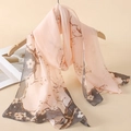 Pink floral chiffon long scarf with cherry blossom print on wooden hanger - Peach Gradient Plum