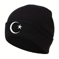 Classic black beanie featuring white moon and star embroidery in a warm knitted style - One Size / Black with White Logo