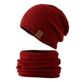 Dark red waffle knit beanie and neck warmer set with a small faux leather sport patch - Burgundy
