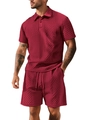 Men's summer dark red two-piece polo and shorts set with textured diamond jacquard fabric - Burgundy