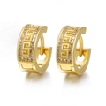 Gold huggie hoop earrings featuring Greek Key pattern and purple cubic zirconia accents - 13-Gold Greek Key Purple Zirconia Huggie / Gold