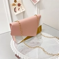 Pink white and yellow tricolor拼接 PU leather flap bag with a golden metal chain strap - Pink