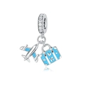 Silver airplane and luggage charm with blue enamel and cubic zirconia for DIY bracelets - Plane Suitcase