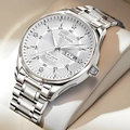 Macro shot of silver dial with double calendar display and luminous hands on steel watch - Silver Steel Band White Dial