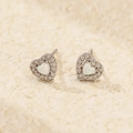S925 silver heart stud earrings with white synthetic opal and sparkling diamond halo - 925 Silver / Platinum (White Opal)