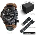 Outdoor dual display watch with camouflage bezel and brown paracord compass strap - 827-2 + Packaging + PU Strap