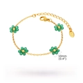 Detail of gold plated stainless steel bracelet with green crystal flower charms and size info - Green Crystal Flower Bracelet (BR-1957G02)
