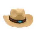 Chapeau de cowboy en paille avec bande marron et ornements en turquoise - Beige