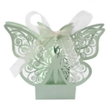 Detail of light green butterfly favor box with intricate laser cut patterns and ribbon - Fruit Green with Ivory Ribbon