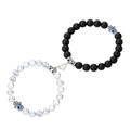 Hamsa Hand Paar Armbänder mit schwarz-weißen Perlen und magnetischem Herzverschluss - Mattschwarz Weiß Marmor Herzmagnet (Stil-04)
