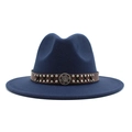 Close-up of navy wool fedora with brown leather band, rivets and vintage gear emblem - Navy Blue