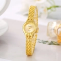Detail of elegant gold chain watch with quartz movement next to perfume bottle - Gold Round Minimalist Style (WAT04103)