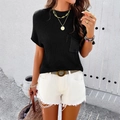 Women casual black short sleeve knit sweater with chest pocket and high crew neck - S / Black