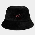 Cappello da pescatore in peluche nero invernale con fiocco rosa ricamato sul davanti - Nero