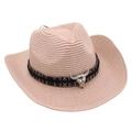 Detail of pink straw cowboy hat with ethnic tribal band and silver bull skull ornament - Light Pink