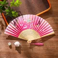 Pink cherry blossom and rabbit pattern folding fan with natural bamboo ribs and silk tassel - 01 Pink Beauty