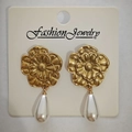 Golden flower earrings with white teardrop pearls on a fashion jewelry display card - KC Gold Double-Layer Petals (4763)