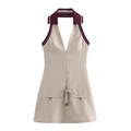 Vestido halter caqui sin mangas con ribete granate y cremallera frontal metálica - XS / Albaricoque